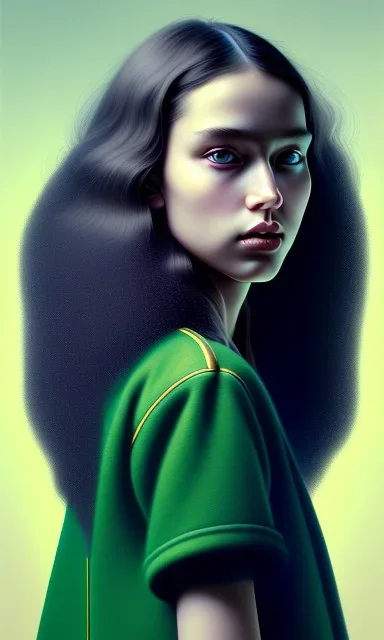 girl, cute, beautiful, long hair, curly hair, black hair, turquoise skin, brown eyes, green coat, black tee shirt, head and shoulders portrait, 8k resolution concept art portrait by Greg Rutkowski, Artgerm, WLOP, Alphonse Mucha dynamic lighting hyperdetailed intricately detailed