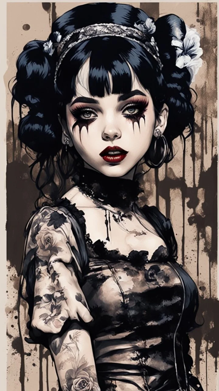 Poster in two gradually, a one side malevolent goth vampire girl face and other side the Singer Melanie Martinez face, full body, painting by Yoji Shinkawa, darkblue and sepia tones,