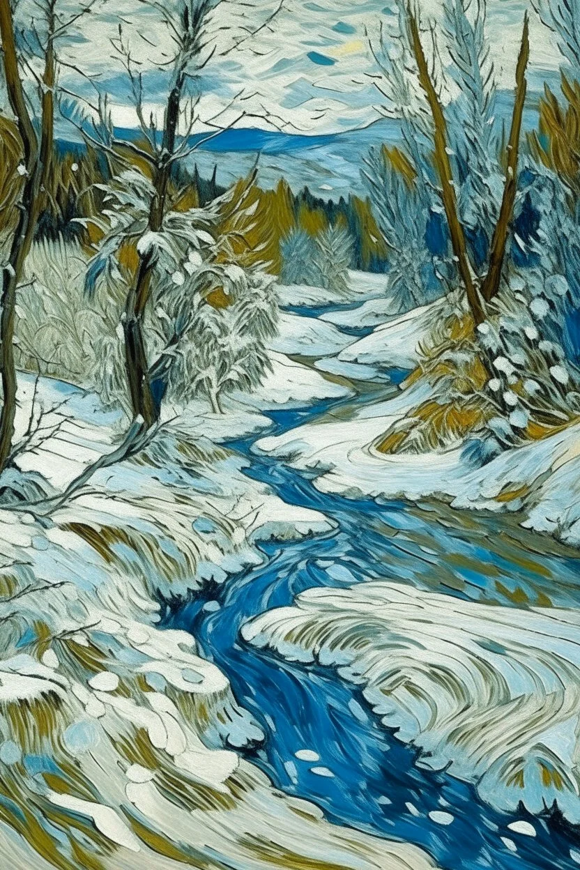 A white jungle with a toxic river in a snowstorm painted by Vincent van Gogh