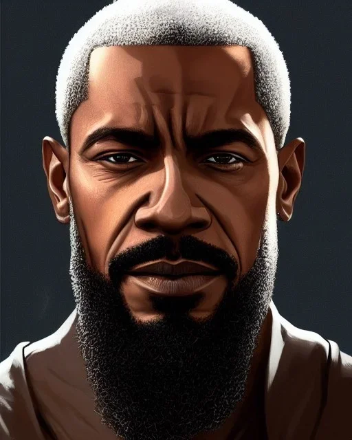 "MIddle aged African American human male, with a trimmed but uneven beard, piercing eyes with slick back hair, full-scale head and shoulders portrait, 8k resolution concept art portrait by Greg Rutkowski, Artgerm, WLOP, Barak Obama dynamic lighting hyperdetailed intricately detailed Splash art trending on Artstation triadic colors Unreal Engine 5 volumetric lighting Splash art fantasy, grey hair, sitting in Starbucks drinking coffee