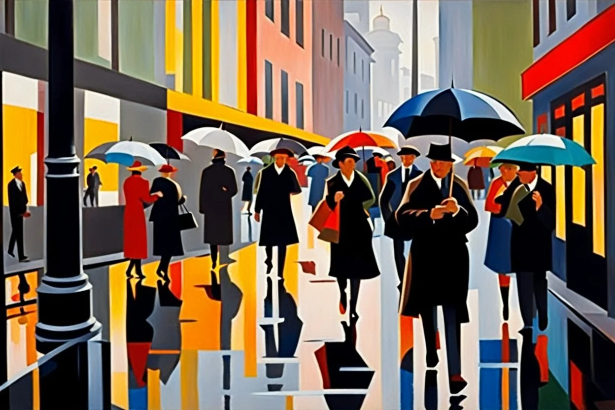 hustle and bustle in rain in Berlin 1925; impasto painting in Bauhaus style, cinematic, dramatic, dynamic, ((great verticals)), ((great parallels)), amazing reflections, excellent shadows, perfect translucency, sharp shadows, (wild contrasts), (vivid bold colors)