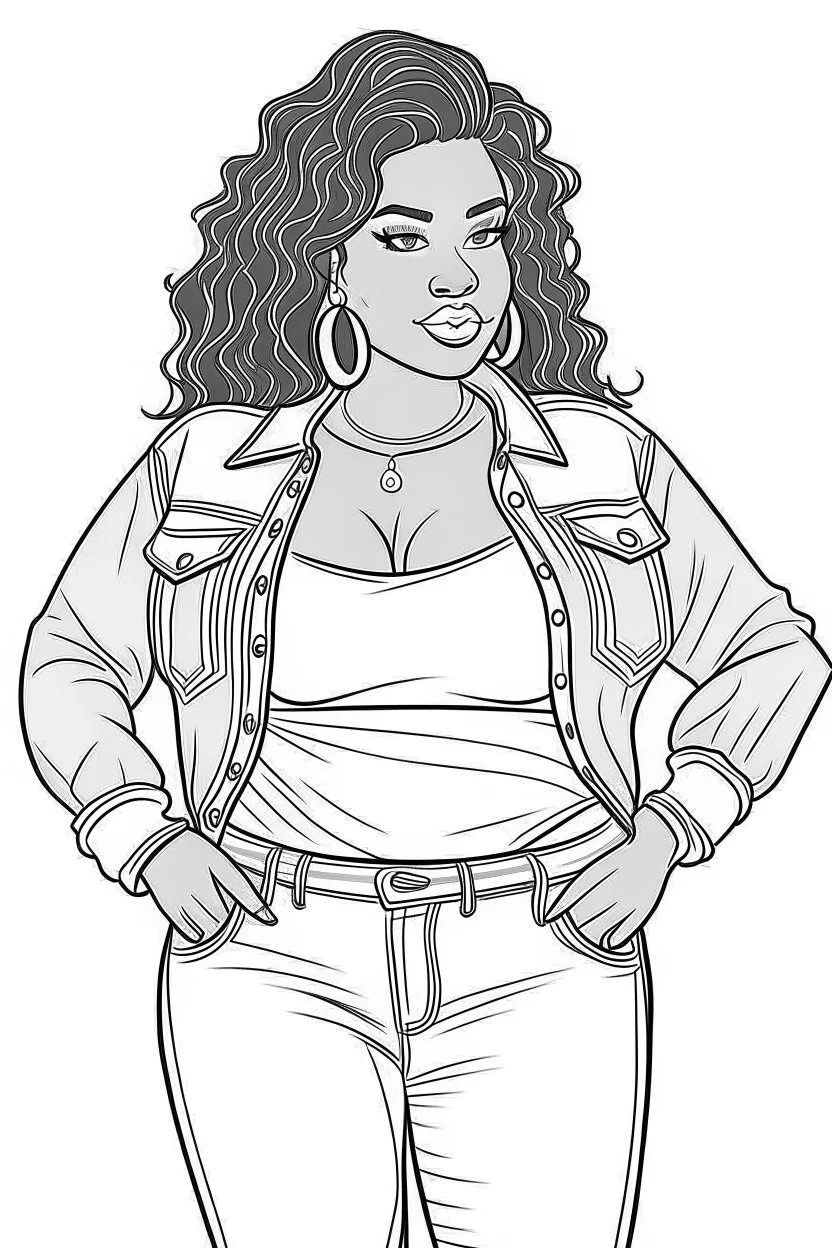 black curvy woman wearing jeans, eyes front camera coloring page