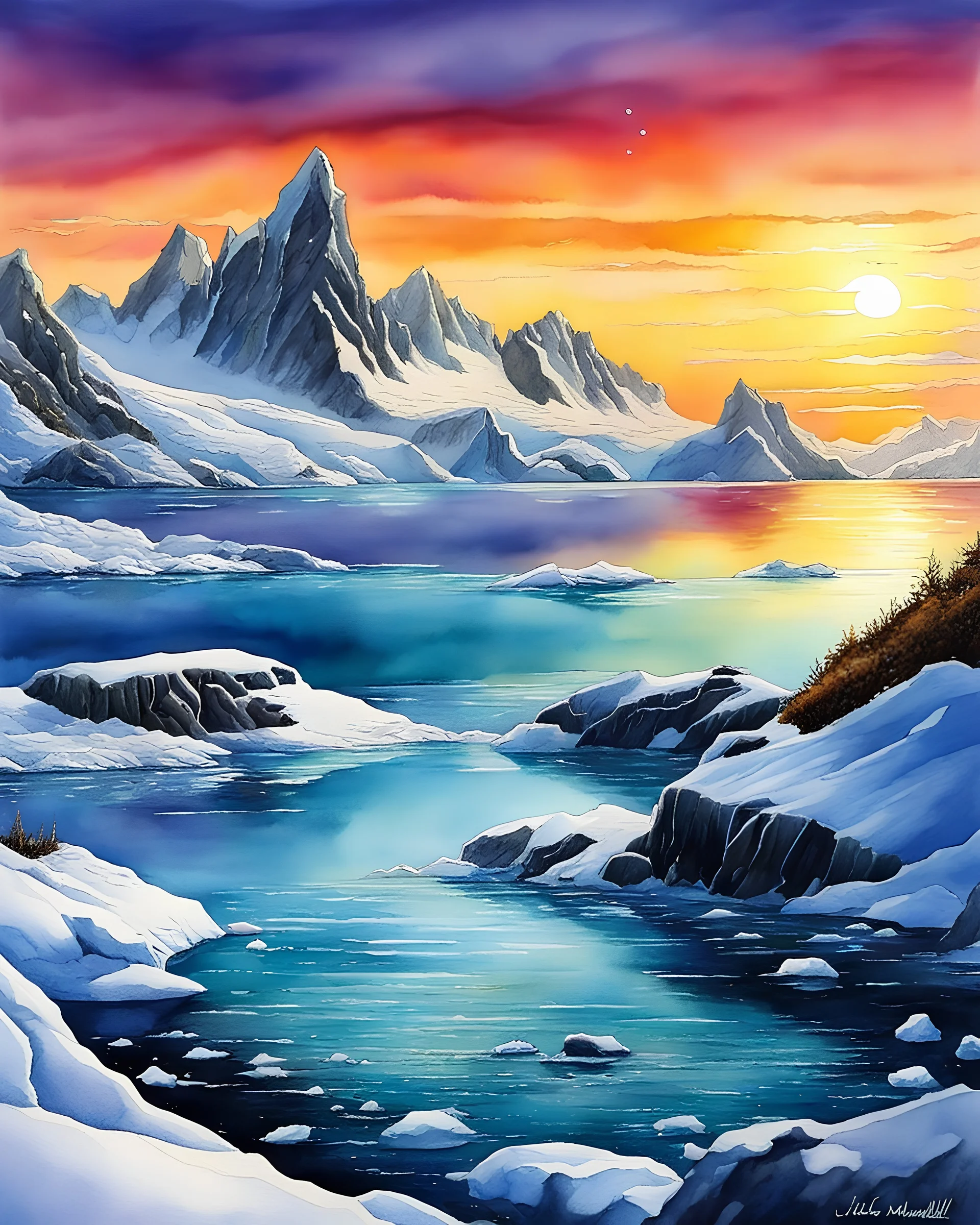 Beautiful sunrise landscape in the Antartic, wash watercolor, pen and ink, warms colors, peaceful solitude, natural beauty, icebergs, mountains, fantasy, whimsical, magical, digital painting, absolutely gorgeous, digital masterpiece, meticulously detailed, by Clyde Caldwell and Greg Kutkowski