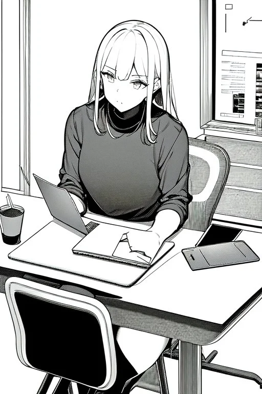 thin hacker girl use a laptop on a table sitting in a cafe, line arts, greyscale