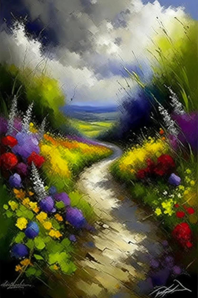 Oil painting expresses a road full of beautiful flowers and around this road thick thorns oil painting