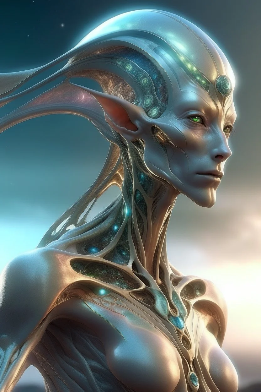 gorgeous female humanoid alien, slender muscular warrior, looking over shoulder at the sky, tentacles, coper zinc orichalcum jewelry and piercings, beautiful face, mesmerizing starry eyes, smooth translucent skin, hourglass, size DD.