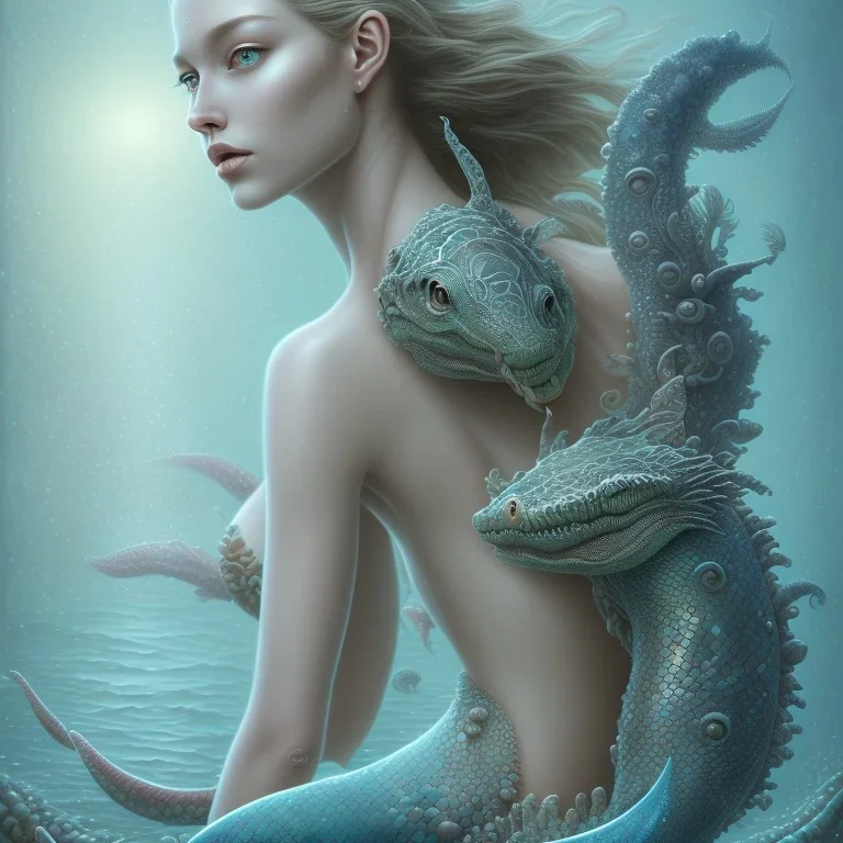 sango fantasy, fantasy magic, intricate, sharp focus, illustration, highly detailed, digital painting, concept art, matte, artgerm and paul lewin and kehinde wiley, masterpiece sexy lips African lady body mermaid alligator head turquoise space lady beach sea under water mermaid seaweed