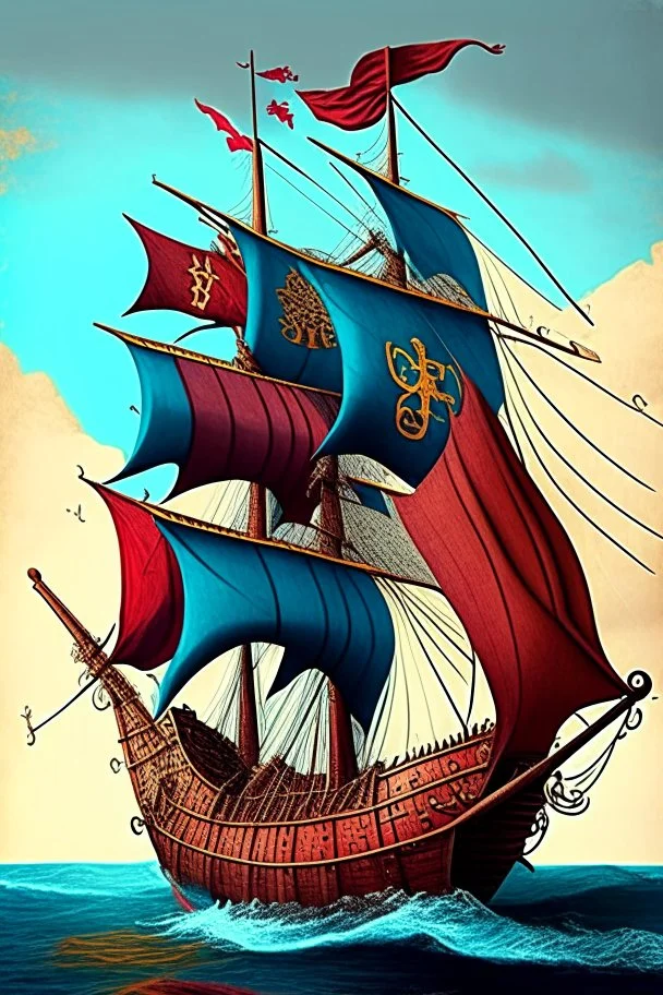 medival colorfoul ship sailing