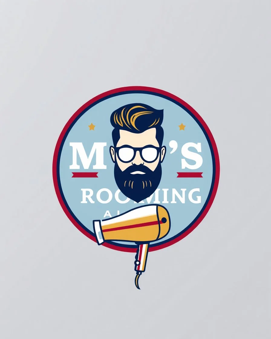A round logo for a men's grooming salon with a groom vector at the top of the logo and a hair dryer vector logo at the bottom in a blue, red, white, and gold color theme.