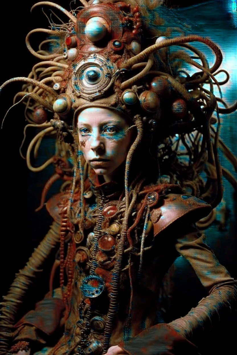 photo by tim walker : loan-blend human-biomorphic-animals squid indefinite head extreme wide shot head to toe portrait of weird smkrofft pufnstuff puppet voodoo cutie doll made of straw human nervous systems, renaissance faire alex grey hyper detailed michael cheval with a playful expression made out of mechanical parts and robot arms; cyborg details, unusual and obscure photograph by františek vobecký of a surreal scene of ghastly men, pop art, clive barker style, 300mm f/.8, raw cinemati