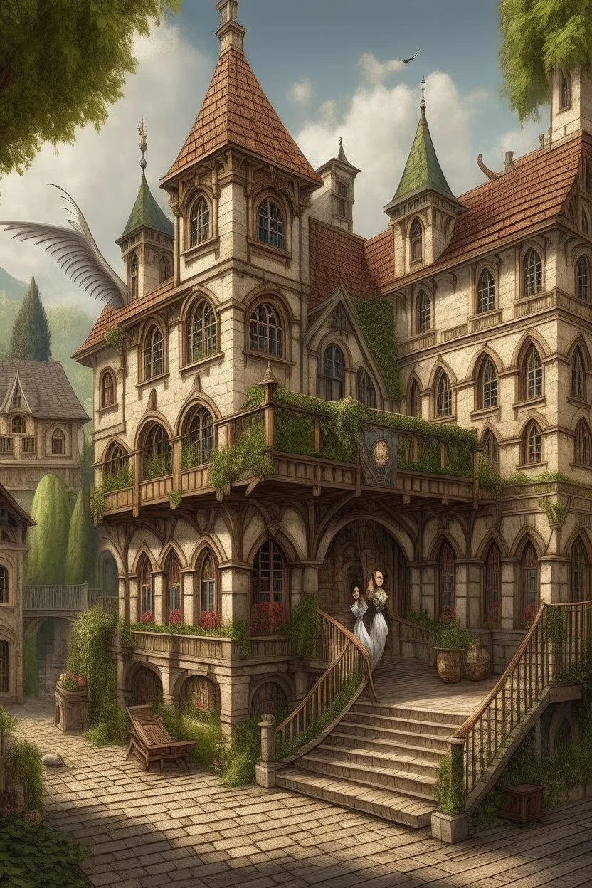 tall, slim, woman, with wings, and scales, large medieval gothic inn, with a balcony, next to a sloping, cobbled road, surrounded by trees with dense foliage, photo-realistic