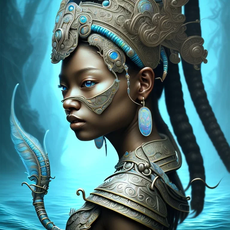 Sango fantasy, fantasy magic, intricate, sharp focus, illustration, highly detailed, digital painting, concept art, matte, art germ and Paul Lewin and Kehinde Wiley, masterpiece Mayan princess dancer head bronze feather's' Asian African girl nice breast Thai hair turquoise silver blue under water