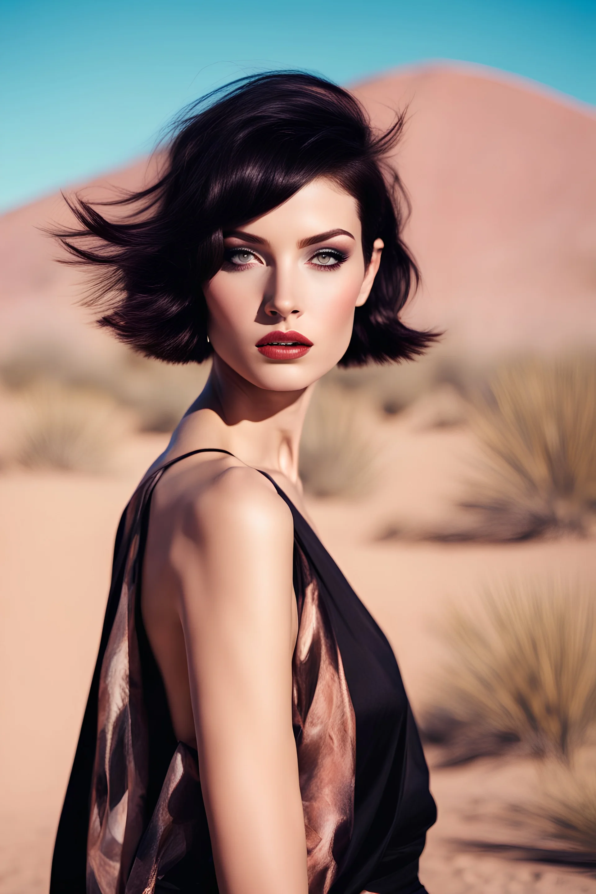 Brunette Thin Caucasian Woman 30yo Black Short Straight Bob Hair, Blush, Beautiful Makeup, in the desert, by Gil Elvgren and Alex Ross and Carne Griffiths