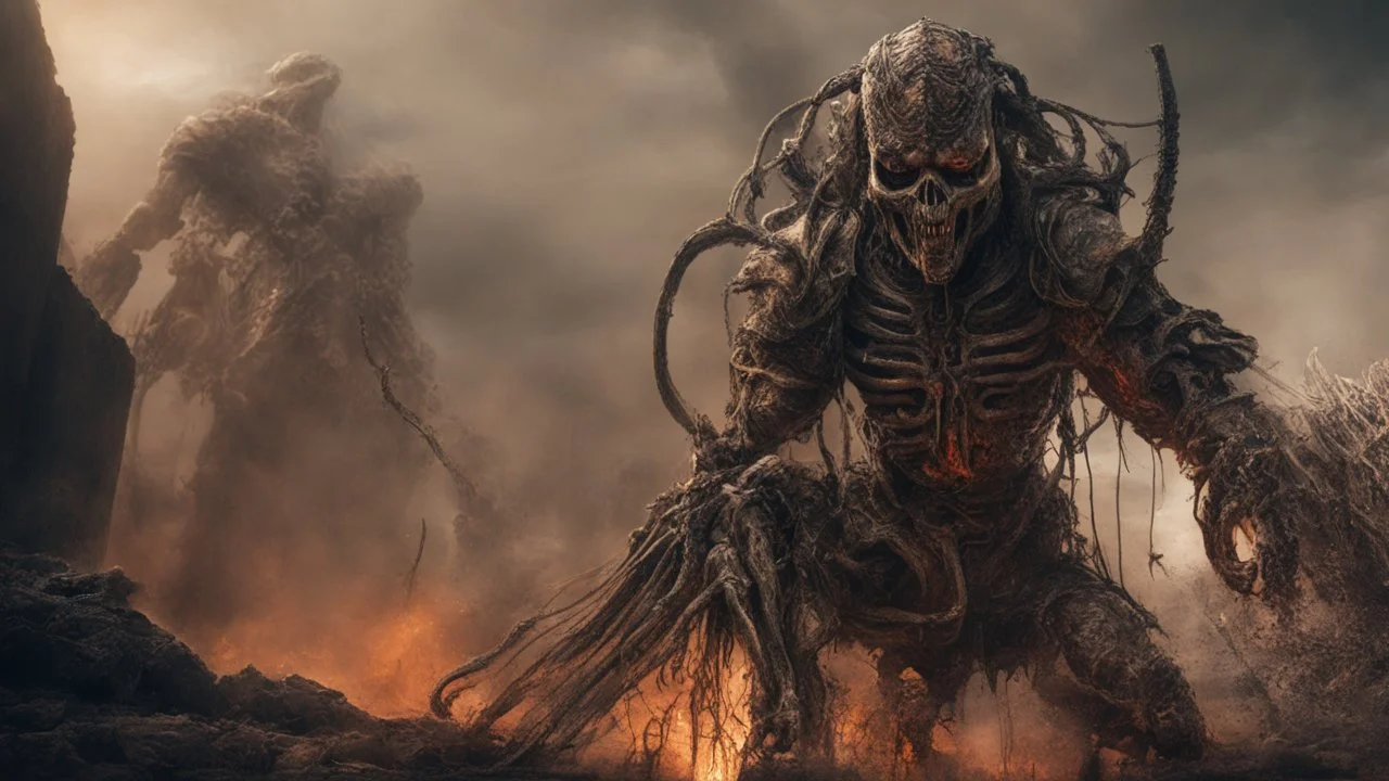 a horrifying burning warrior. brutal carnage on a battle field. fantasy concept art. h.r. giger. armor melted into the skin. blood. bones. intense horror. blind terror. scared to death. , dynamic lighting, hyperdetailed, intricately detailed, deep color, volumetric lighting, Epic cinematic brilliant stunning intricate meticulously detailed dramatic atmospheric maximalist, CAMERA: Nikon Z7 | FOCAL LENGTH: 105mm | SHOT TYPE: Close-up | COMPOSITION: Centered | LIGHTING: Soft, directional