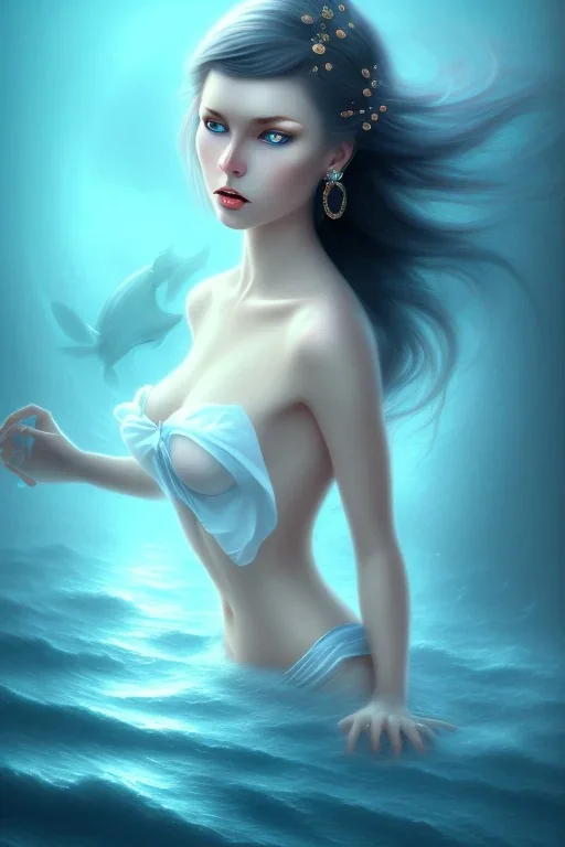 lady muse with black hair blue eyes top in the ocean