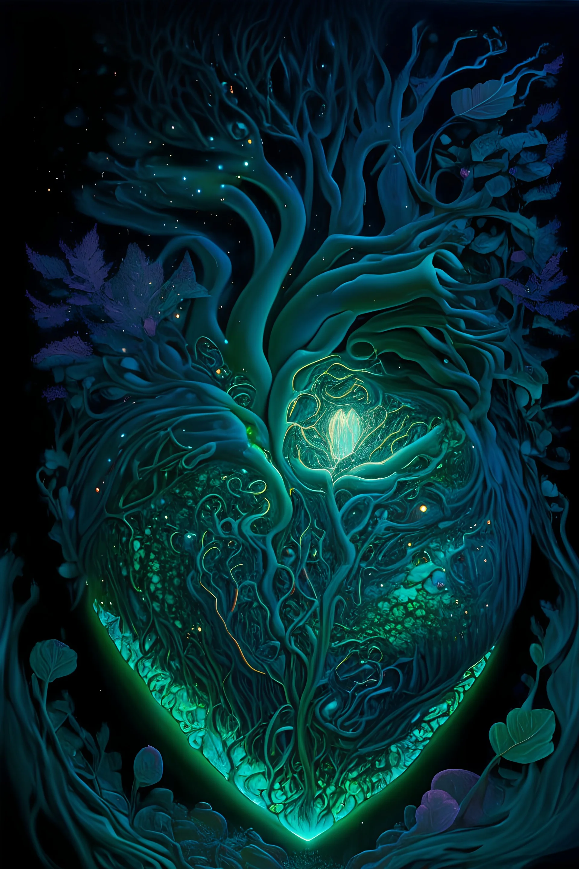An image that expresses the essence of the heart.Ultra detailed illustration of a magical world of wonders, glowy, bioluminescent flora, incredibly detailed, pastel colors, handpainted strokes, visible strokes, oil paint, art by Mschiffer, night.Ultra detailed shot of a dark sculpture made out of emerald obsidian and dark matter, incredible sculpture of a unique creature, Ultra detailed shot of a dark sculpture made out of amethyst obsidian and dark matter, sitting pose, surrounded by mysterious