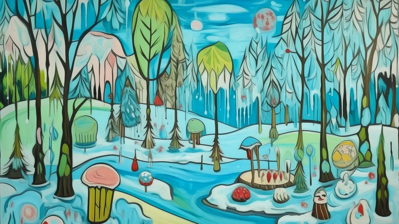 A pale sky blue winter wonderland made out of ice cream and popsicles painted by Paul Gauguin