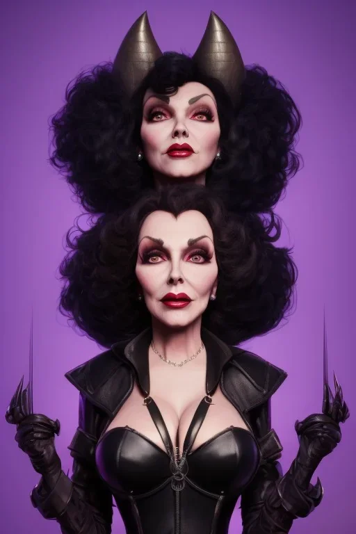 Joan Collins as evil queen in black leather, leather, busty, cleavage, angry, stern look. character design by cory loftis, fenghua zhong, ryohei hase, ismail inceoglu and ruan jia. unreal engine 5, artistic lighting, highly detailed, photorealistic, fantasy