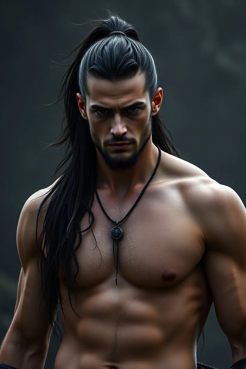 Shirtless Handsome alpha warrior with long dark hair pulled back in a pony tail. photorealistic. 4k. Dark Fantasy