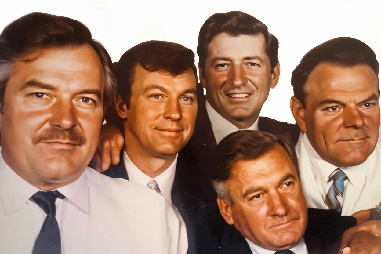 a photo of 5 men in their 30s, antique old photo