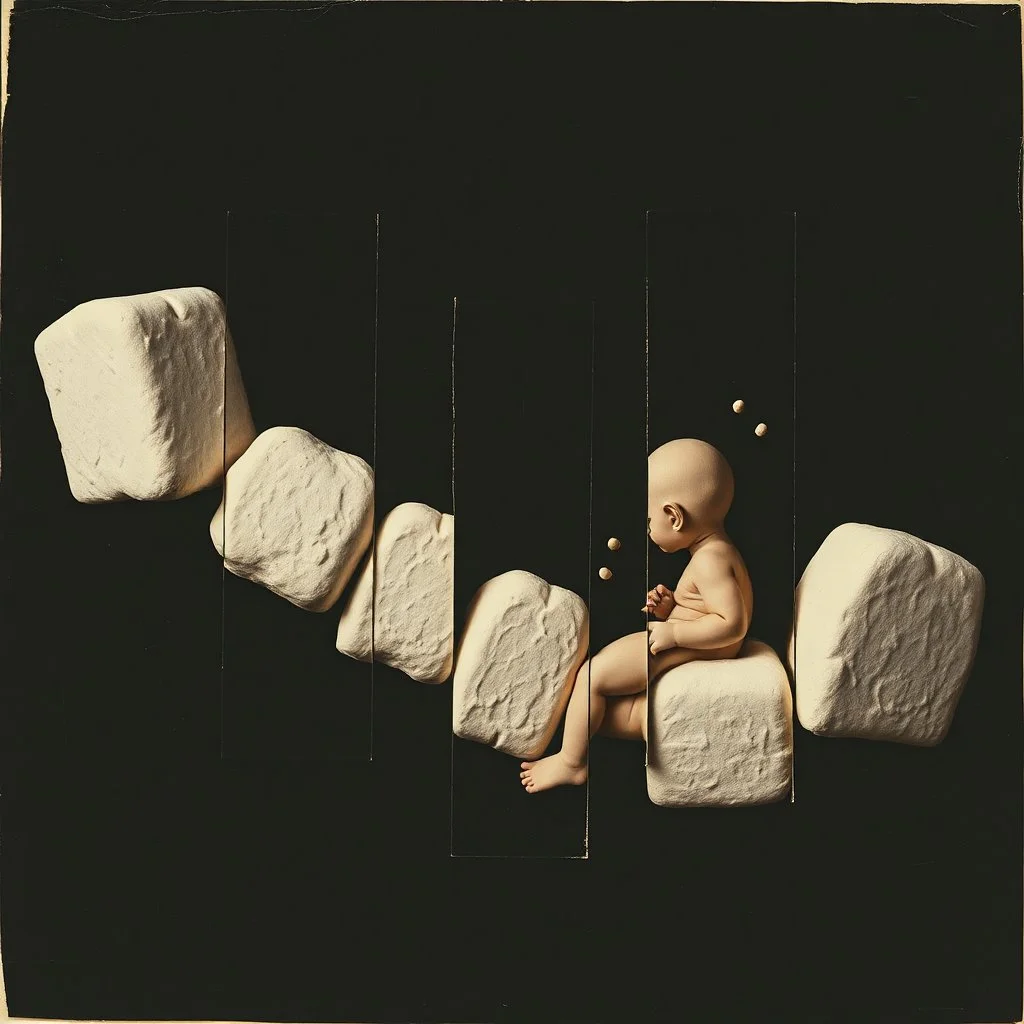 modernist surreal image, gnarly scrapbook composition, grainy photography, faded colors, dark negative space, surreal, nihilistic, segmented separated cyborg baby marshmallow conveyor dystopia, meandering offset coherence across multiple oblong panels, minimalism, foreboding, post-humanist pessimism