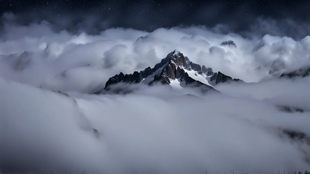 looking up from a misty forest at the sheer face of a snowy mountain face