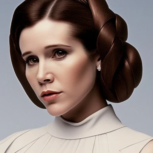 analog style, half-length color photo shoot, three-quarter face pose of carrie fisher as Princess Leia with realistic fine and very simple short hair, entrancing deep brown eyes, Intricate, High Detail, Sharp focus, realism, rim lighting, Nikon D850, ef 85mm 5.6 by Annie Leibovitz, dark plain background