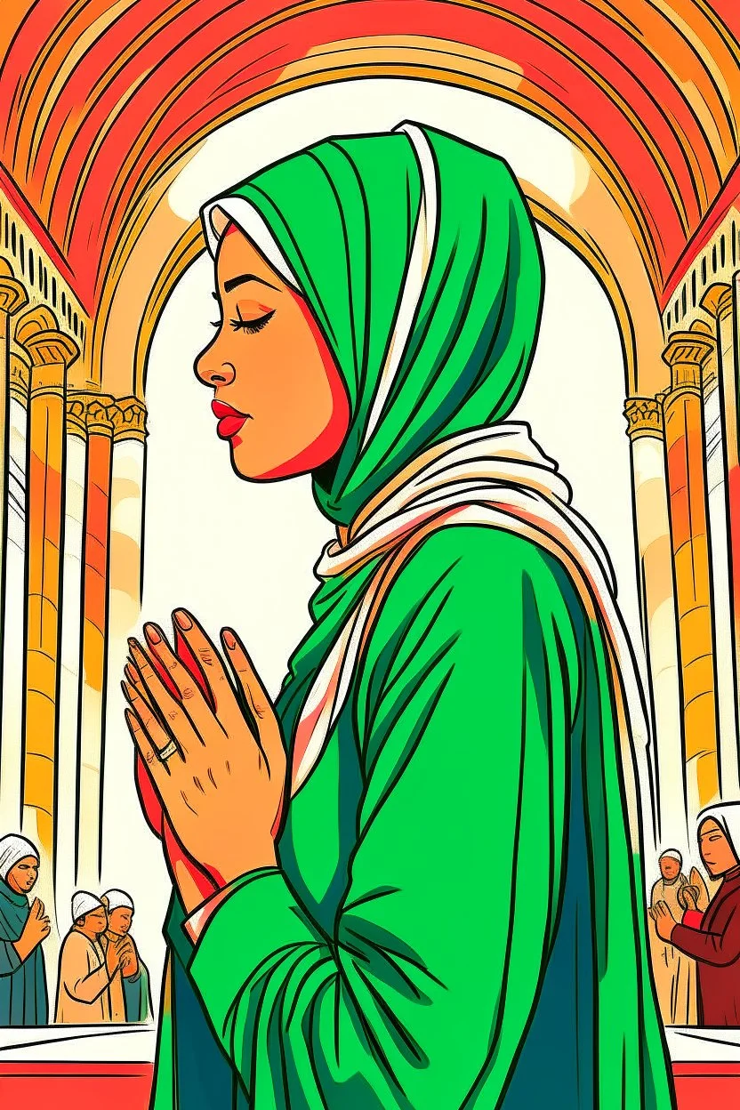 An illustration of a Muslim woman leading a prayer