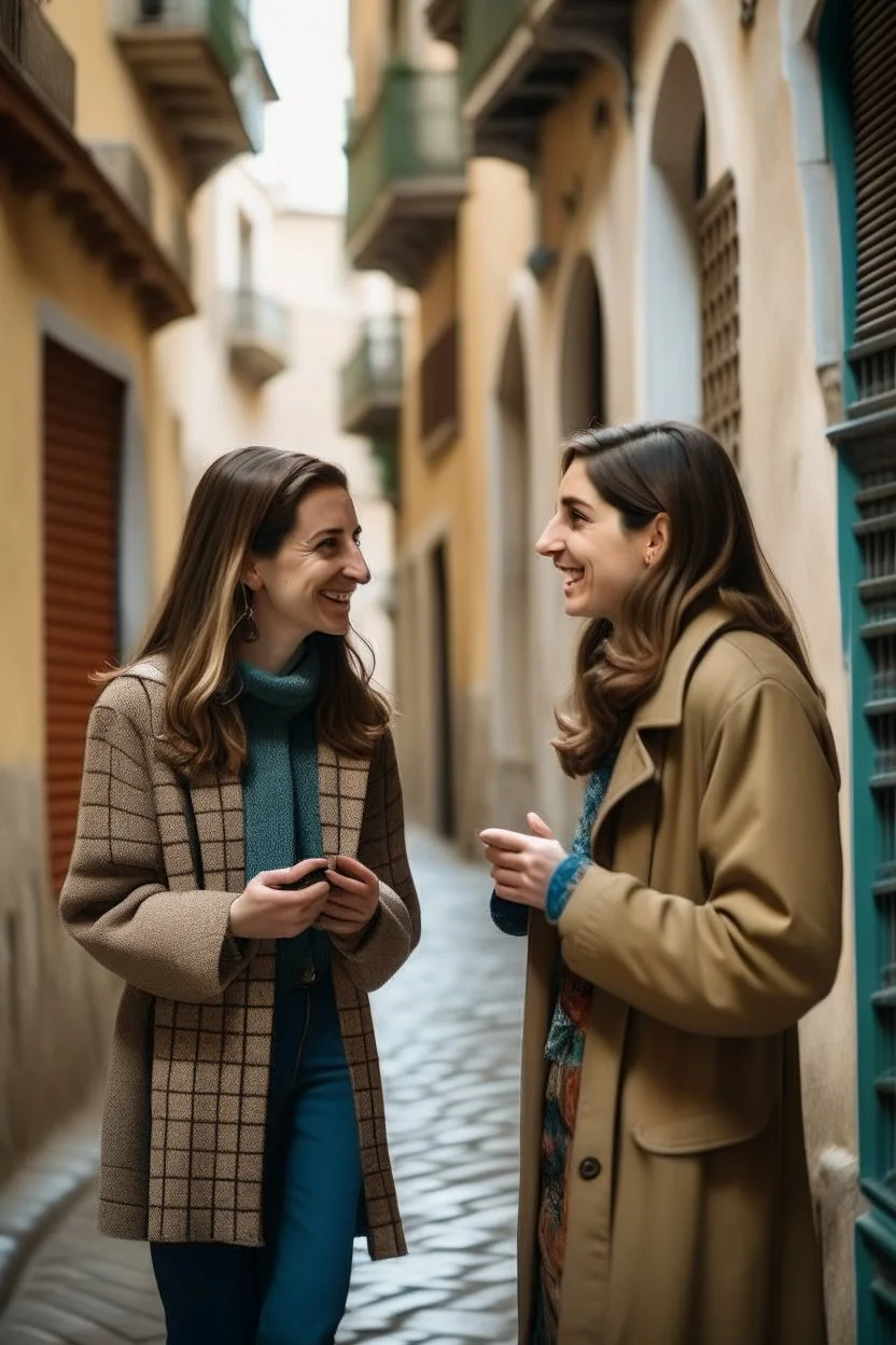 Two beautiful Italian women talking to each other in the historic village alley