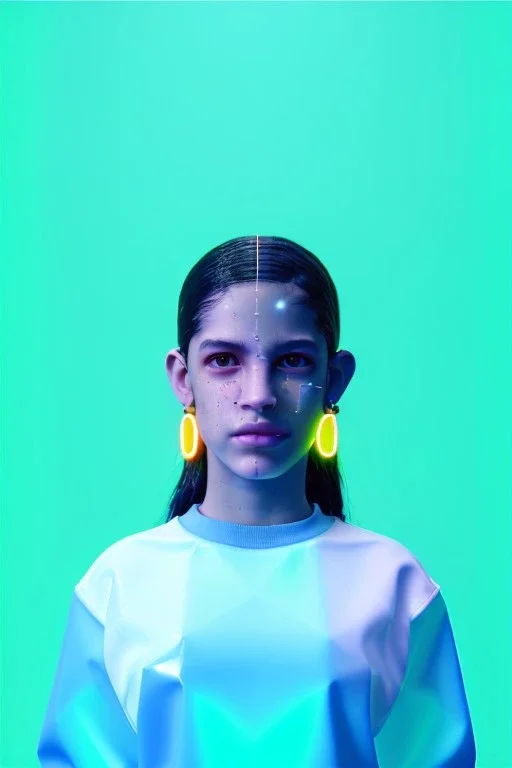 Rosalía artist, Ultra Realistic image, waist up portrait, perfect eyes, glow eye, black eye line, sweet face, pigtails hair, spray line make up, geometric, gold, big rings piercing, led ornament, bubble latex coat, inflatable, cold, led lights, geometric, neon, pink, blue, gold, vibrant color, highly detailed, art stations, concept art, smooth, unreal engine 5, god rays, ray tracing, RTX, lumen lighting, ultra detail, volumetric lighting, 3d, finely drawn, high definition, high resolution