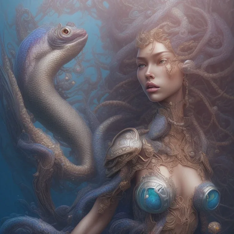 sango fantasy, fantasy magic, intricate, sharp focus, illustration, highly detailed, digital painting, concept art, matte, artgerm and paul lewin and kehinde wiley, masterpiece sexy lips Hawaiian afro lips black African lady body mermaid Dragonfish head blue space lady sea under water mermaid seaweed pyramid