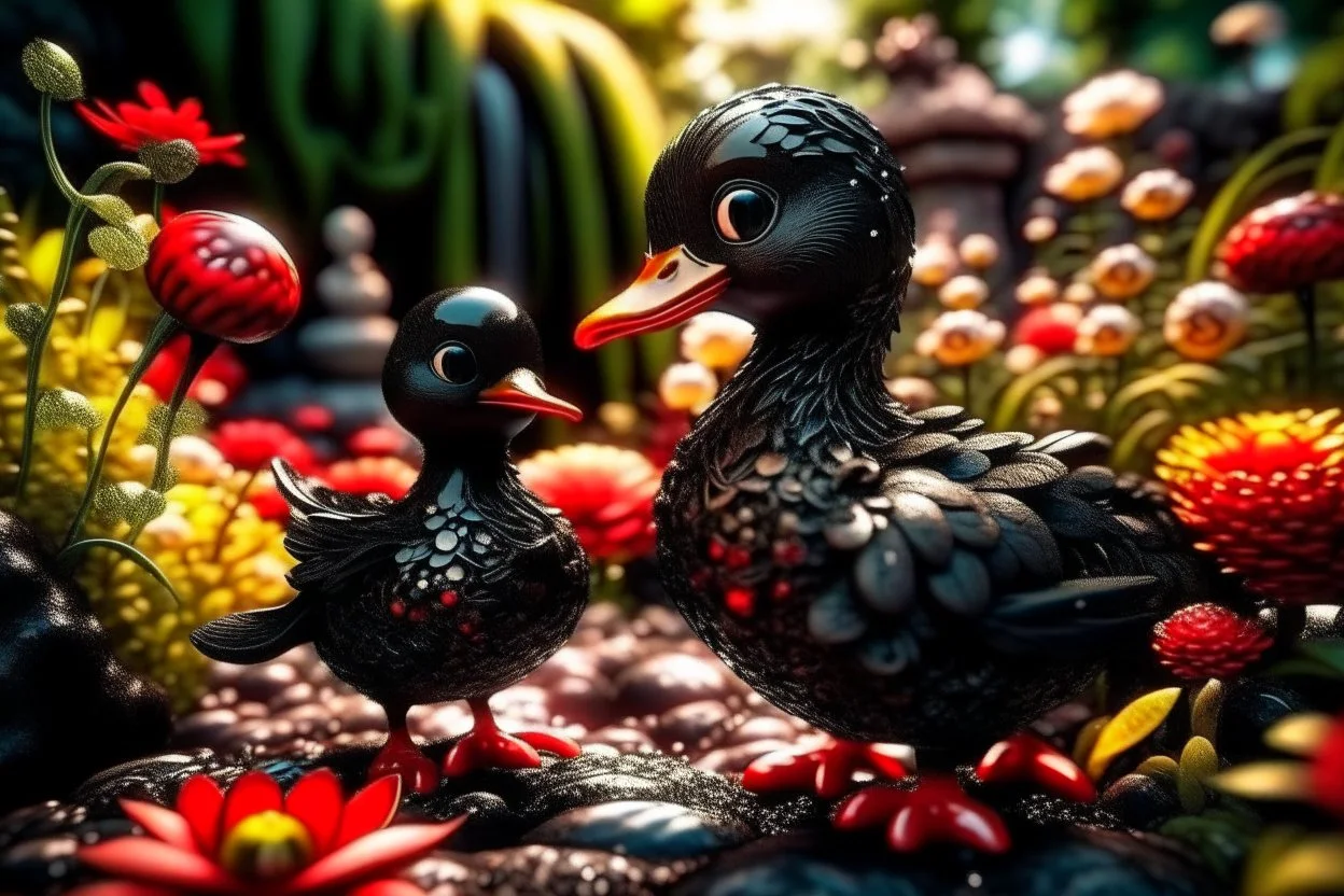 red and black chicken and small chibi duck in a flowergarden with beautiful flowers, pond, in sunshine, H.R. Giger, anime, steampunk, sürreal, watercolor and black in outlines, golden glitter, ethereal, cinematic postprocessing, bokeh, dof