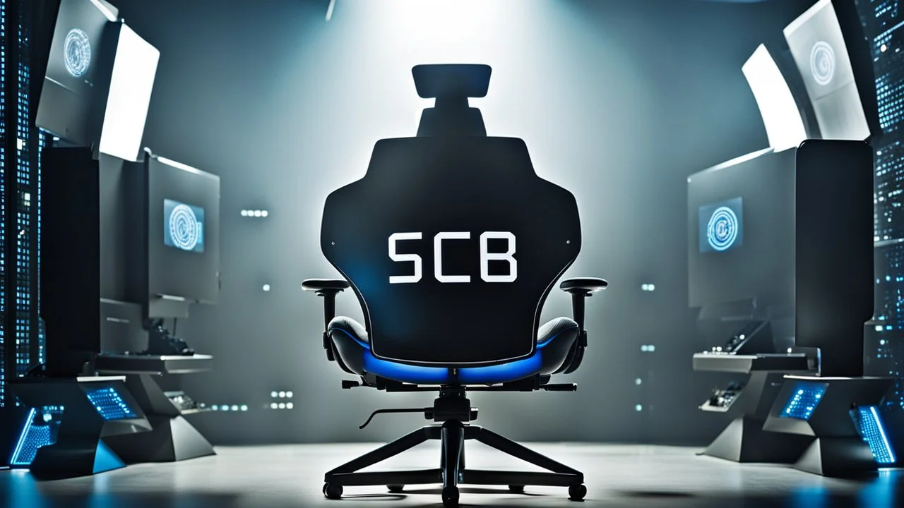 photo from a black producer chair siluette in a futuristic cybertech studio, around many monitors and circle windows to the sky, the inscription capture word text on the back of the chair "Barbi", Professional photography, bokeh, natural and blue-white lighting, perfect shot, sharp focus, professional photo