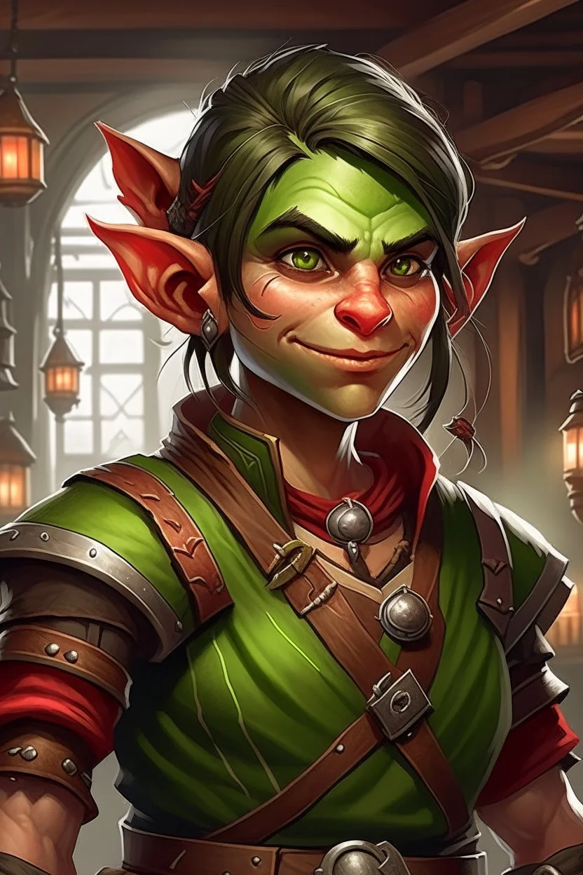 Dungeons and dragons orc tomboy. She has green skin and pointy ears. She is kind. She is handsome. She has nice eyes. She has short hair. She is strong. She is in a tavern. She has broad shoulders. She has a large jaw. She has small tusks and a wide smile. Realistic style