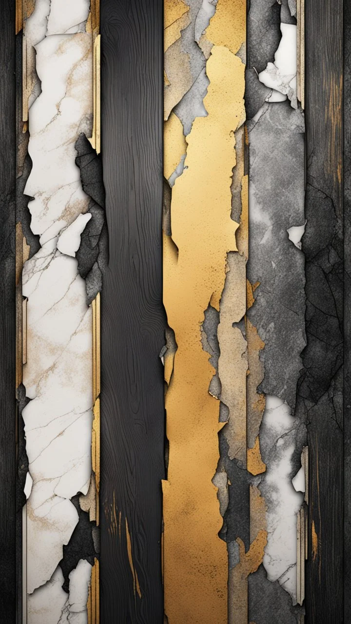 Hyper Realistic black & golden grungy multicolored broken wooden planks with rustic marble texture & vignette effect