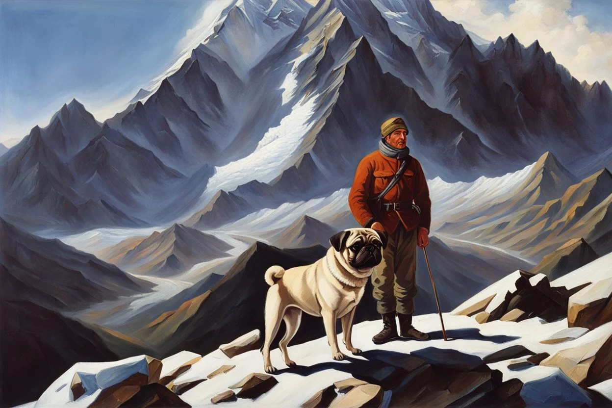 A perfect man and his pug standing on the top of Mount Everest painted by Poul Anker Bech.