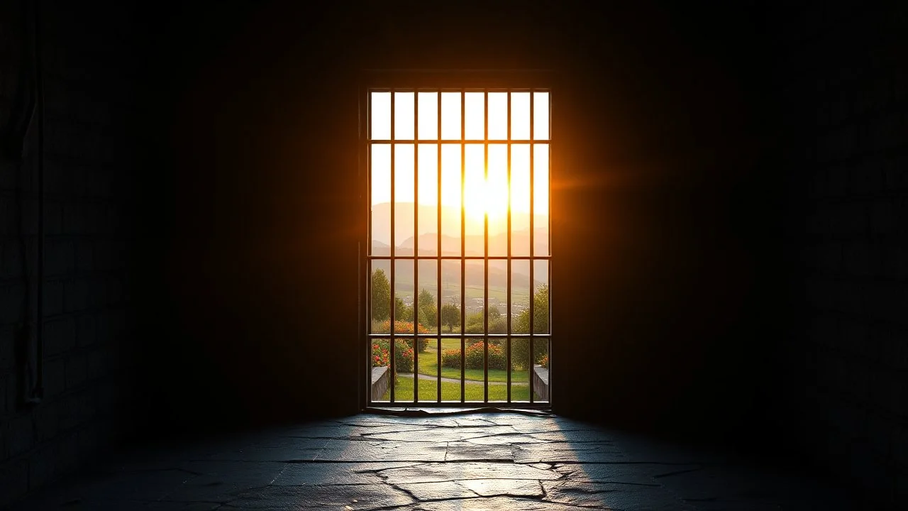 Inside a dark dismal cold prison cell with bars at the window, looking out through an open heavy cell door into freedom, with colourful gardens and distant hills in bright warm sunshine at sunrise. Exquisite composition, beautiful detailed intricate detailed octane render, 8k artistic photography, photorealistic, perfect light, chiaroscuro, award-winning photograph, masterpiece