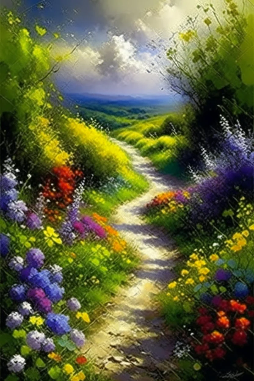 Oil painting expresses a road full of beautiful flowers and around this road thick thorns oil painting