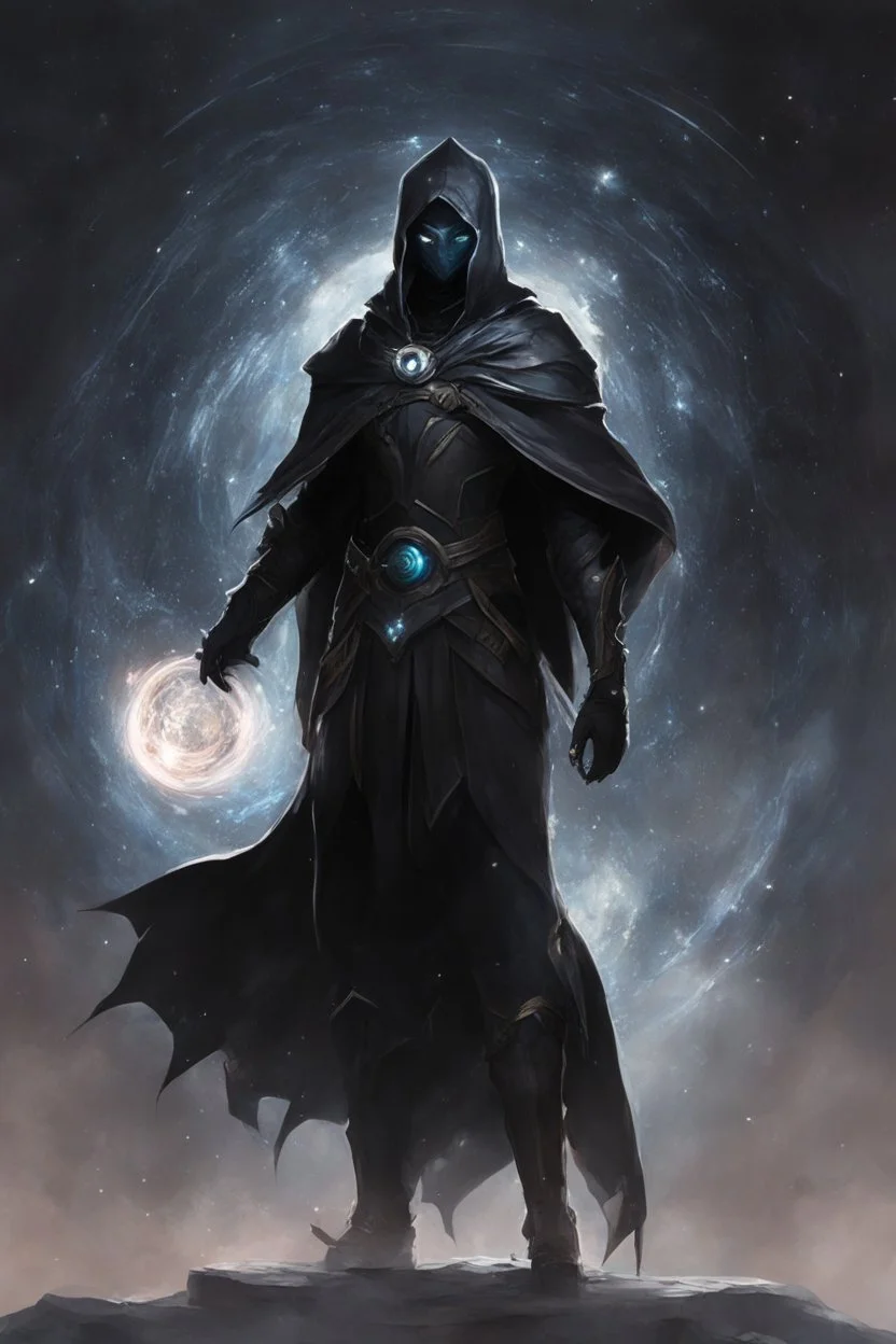 character design, concept art, god of black hole, space void black hole god entity, black void body, glowing eyes, cape of stars, black hole character design