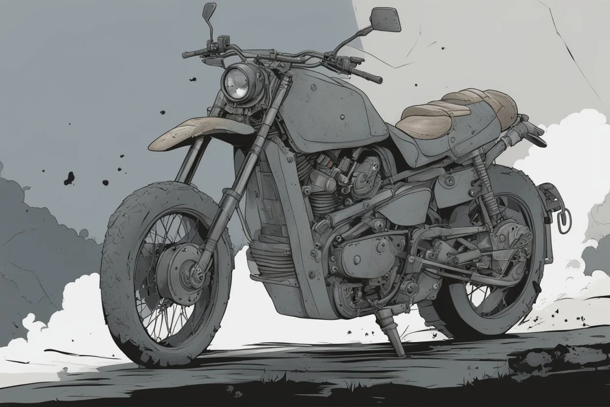 motorcycle, comic book,post-apocalypse, gray background,