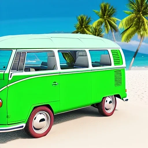 old Volkswagen partyvan, green color van, funny colored, partyvan on the beach, sunny beach, sunny weather, beach party, party people, party, realistic, ultra high quality, unreal engine, cinematic, surfing, palms, palm beach, beach, sandy, professional photography, ultra resolution