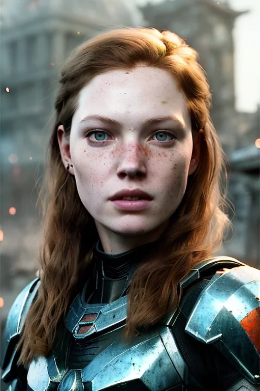 ultrarealistic, concept art, ruined city,__intricate fantasy armor__, no star, __angles__, 18 year old woman, strikingly beautiful,ginger hair, _colour_, (pale __skincolor__ skin:1.2), __camera__, long hair, detailed face and eyes, medium breasts, sci-fi theme, freckles, dynamic pose, resolved expression, __accessory__, strappy outfit, (straps:1.1), sword in scabbard on left hip, (buckles, buttons, snaps, rings:1.0), haltertop style breastplate, detailed eyes, plump lips