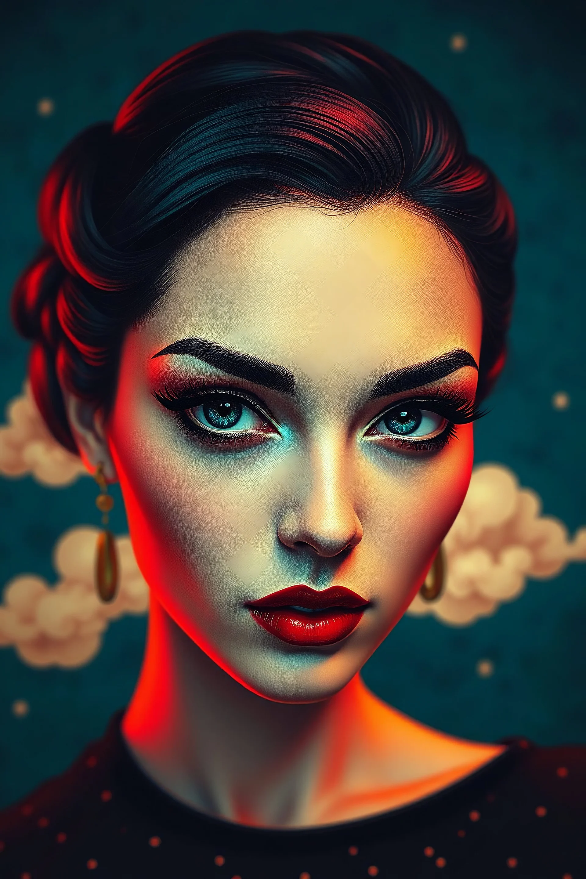minimalism, close up portrait, pinup woman, deep rich colors, op art, math art by [Ray Caesar | RossDraws | Andy Kehoe | Hokusai | Alberto Seveso | Wadim Kashin], [deep blue green foil | gold foil | deep red glow] dotted clouds rim light, inner glow, volumetric light 3d [Marmorino Veneziano stucco | Art Deco | minimalism | Hokusai [The Great Wave off Kanagawa]], Watercolor, trending on artstation, sharp focus, studio photo, intricate details, highly detailed, by greg rutkowski