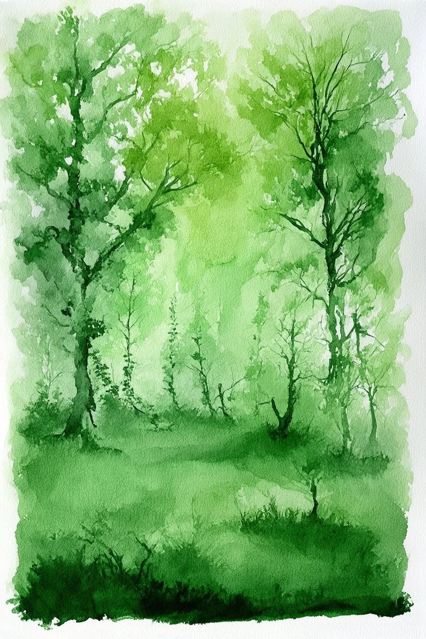 from mathematical light to living forest; ink wash in several shades of green