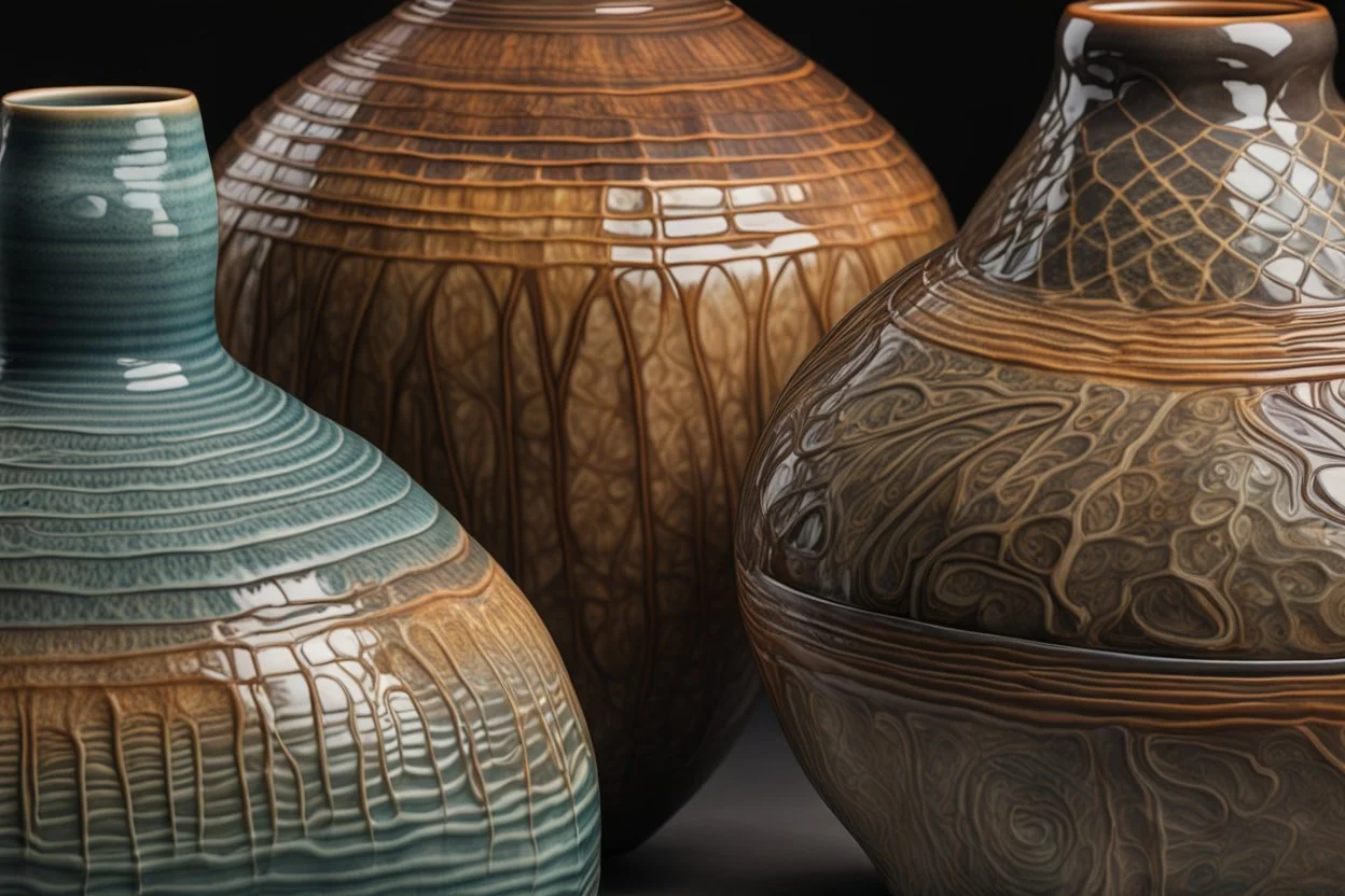 Wide Shot, Contemporary Vase shapes and designs in Obvara Glaze, Carbon Trapping Glaze, and Oxidation Glaze with intricate Underglaze designs":"HDRI, Intense Multi-colours, Studio Lighting, insanely detailed, Deep Focus, f/11, 50mm Lens