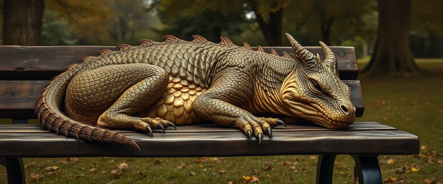 master oil painting by Rembrandt, close up portrait of flat dragon person sleeping on a bench in the park