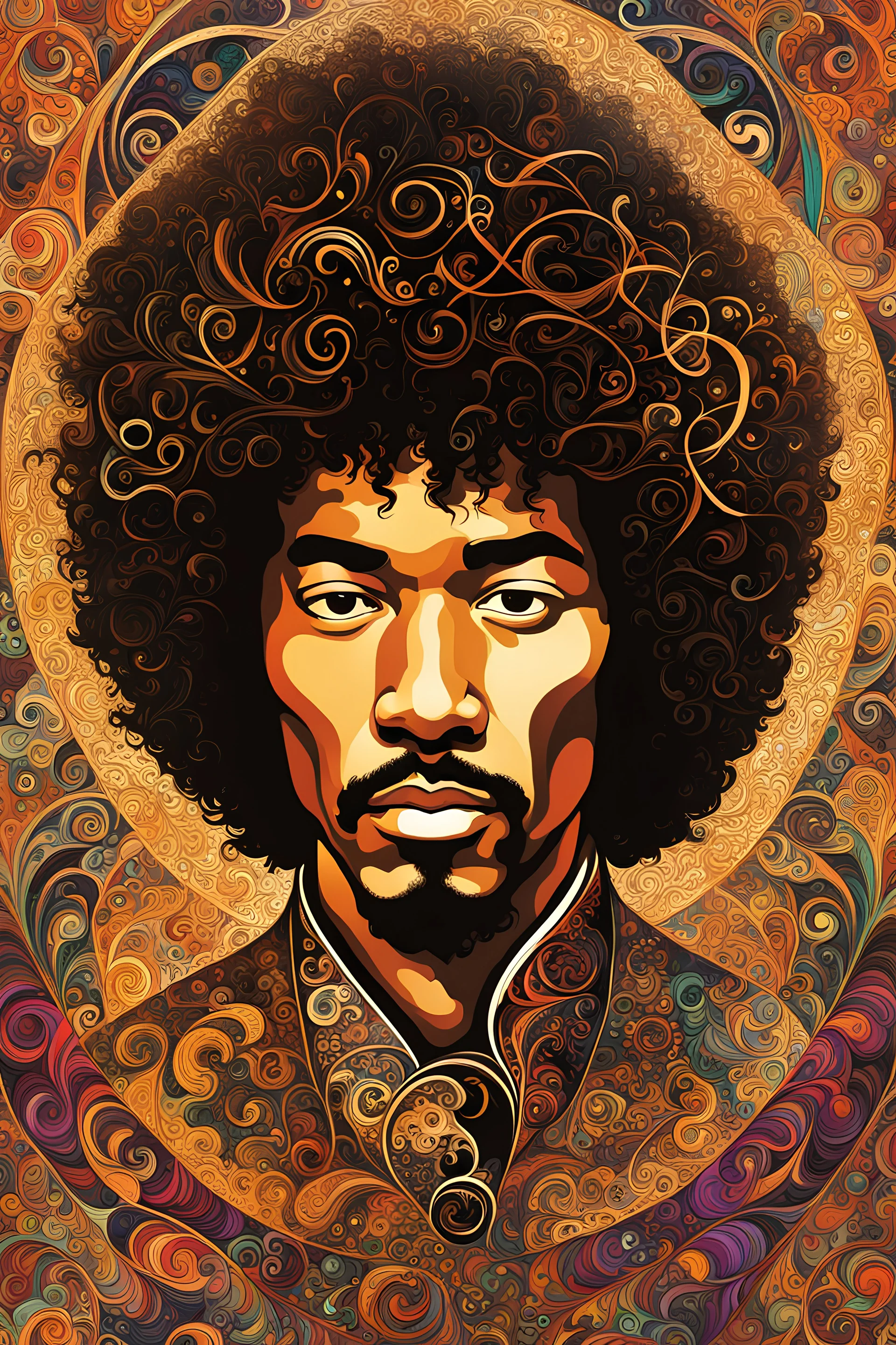 a stylized abstract illustration of Jimi Hendrix from calligraphic letters, flourishes, and swirls , finely drawn and inked, in classic Medieval calligraphy, 4k, hyper detailed in the style of EL SEED and vibrantly colored in the style of GUSTAV KLIMT