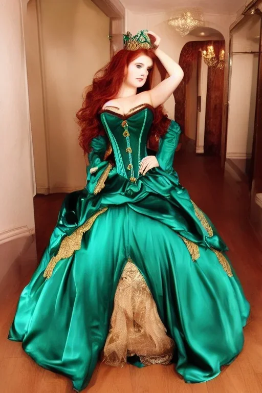 Busty princess full body with long auburn hair green eyes wearing a big dark teal green and gold satin ballgown corset off shoulder top at night