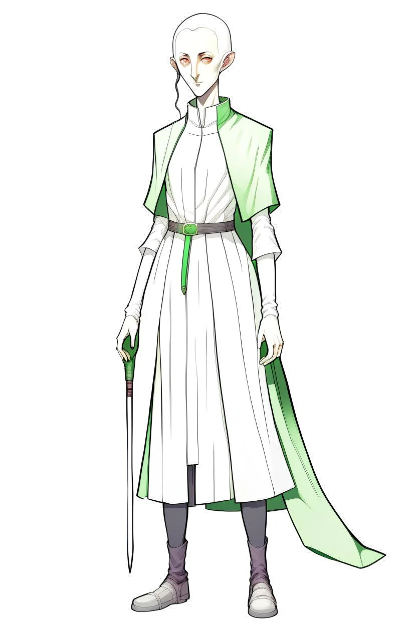 full length colour drawing, portrait, 22-year old friendly slender female human cleric, shaved head, light eyebrows, grey eyes, wearing white (10%0 and dark green (80%)