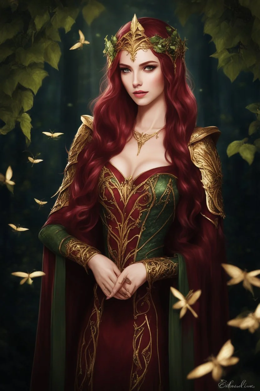 Elven ears,Burgundy hair, dark hair,dark red , rapunzel hair,very long hair,dark fairy princess,elven crown,night,dragonflies,beautiful,ong ashes,golden armor ,sparkle,night blooming,ivy,dark green,lilly of valley,golden elven crown,elven warrior,dark gold armor,extremely long hair